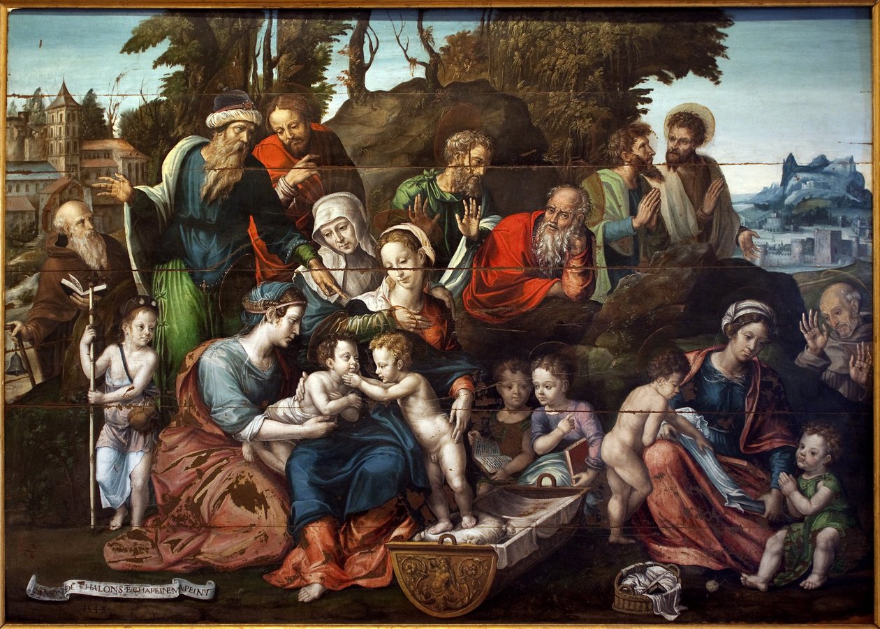 Den hellige forælder. (Saint Anne, omgivet af sine tre på hinanden følgende ægtemænd, Salome (blå tunika, med spids pegefinger), Cleophas (med rød frakke, far til Marie Cleophas) og Joachim, Jomfruens far (rød frakke, hovedet hviler på knytnæven) I cen af Simon de Châlons