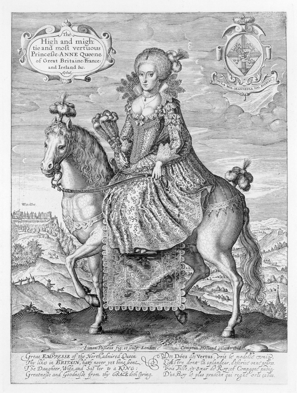 Ridesportræt af Anne af Danmark (1574-1619) indgraveret af kunstneren, pub. af Compton Holland, 1616 af Simon de Passe