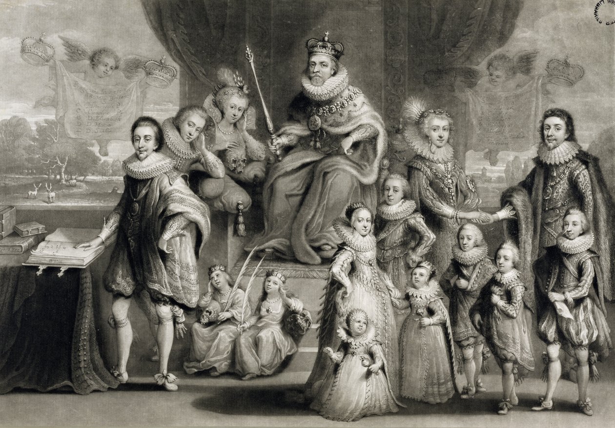 Hans Majestæt James I og hans kongelige efterkommere sammen med kongen af Bøhmens familie, graveret af Charles Turner (1773-1857), 1814 af Simon de Passe