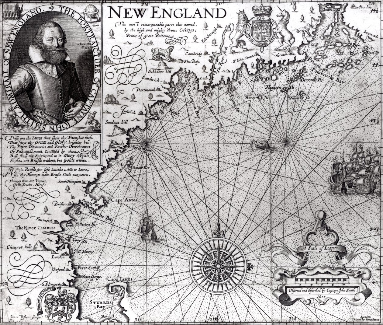 Kort over New Englands kyst, observeret og beskrevet af kaptajn John Smith (1580-1631) 1614, fra 