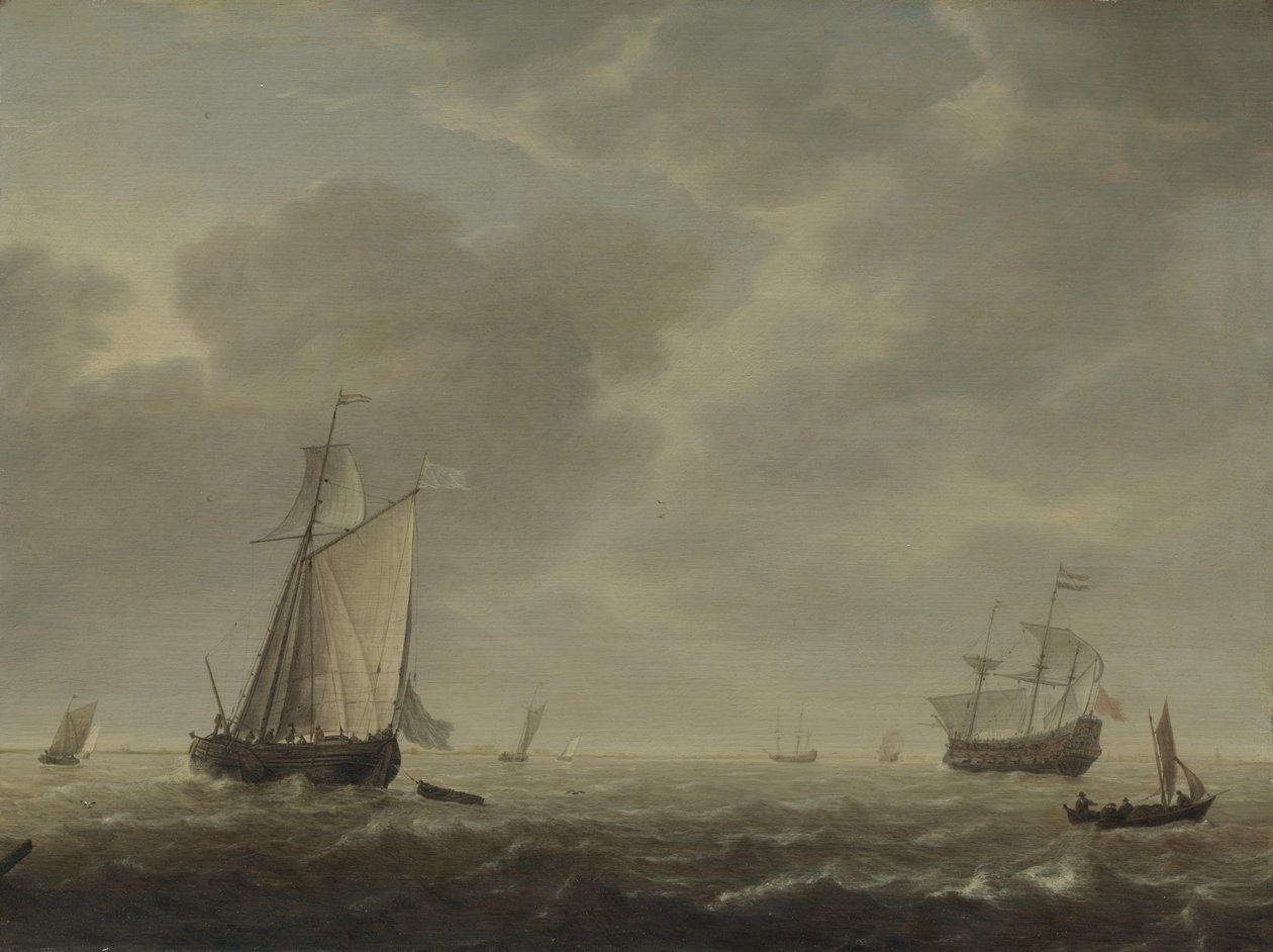 En hollandsk krigsmand og forskellige fartøjer i en brise, ca. 1640 af Simon de Vlieger