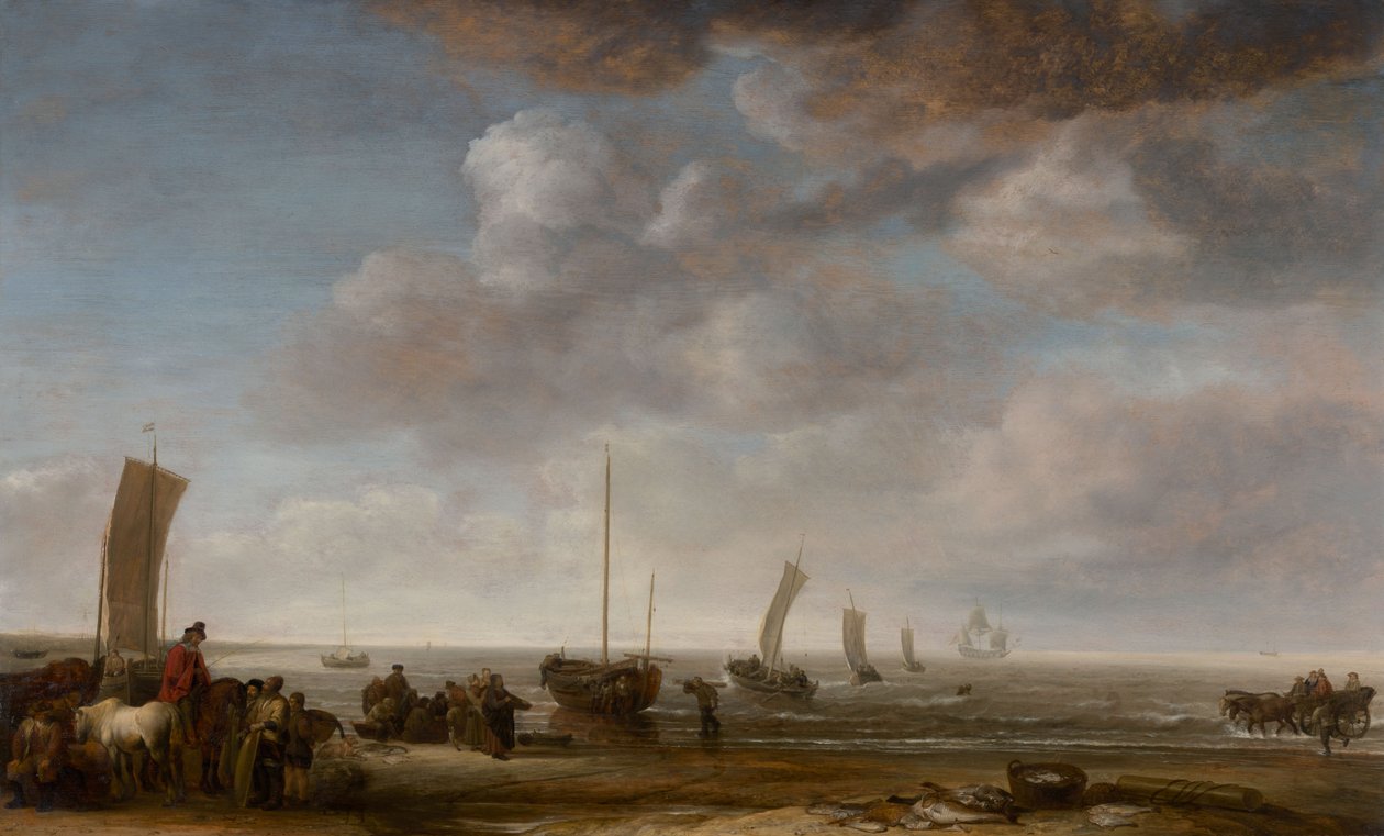 Fiskere og andre figurer på en strand af Simon de Vlieger