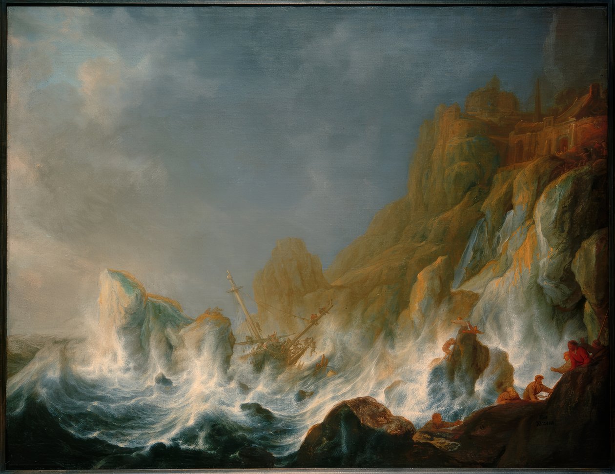 Forlis i en havstorm på en klippekyst af Simon de Vlieger