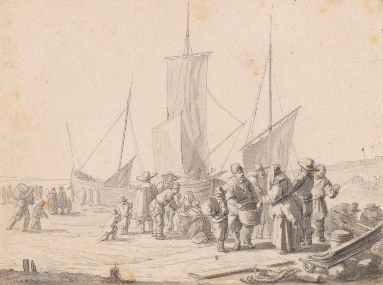 Strand med fiskesælgere af Simon de Vlieger