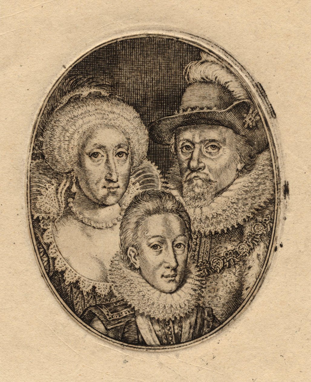 Anne af Danmark; kong Charles I, da han var prins af Wales; kong James I af England og VI af Skotland af Simon De Passe (2) af Simon van de Passe