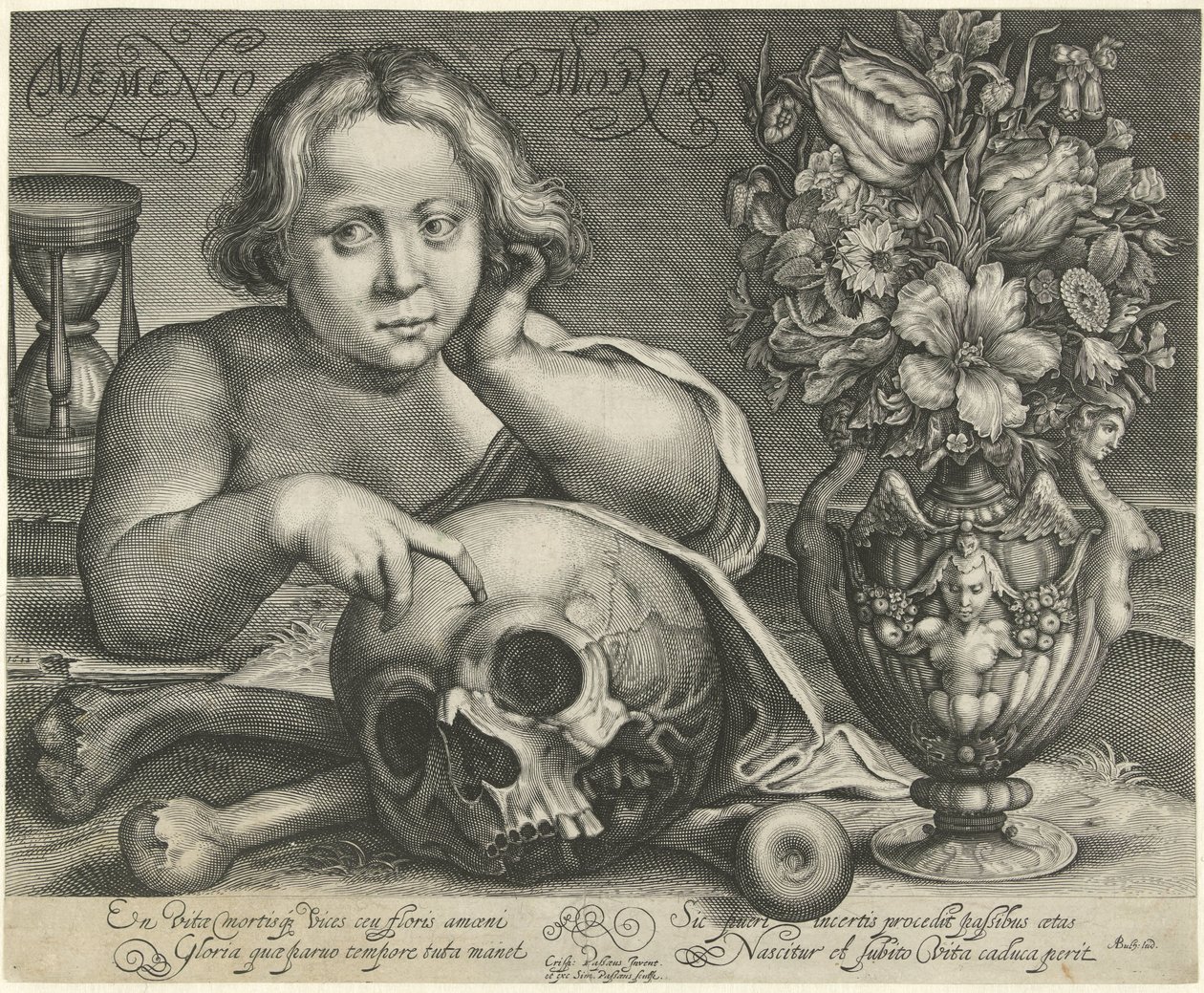 Barn med kranium (Vanitas) Memento Mori (titel på objekt) af Simon van de Passe