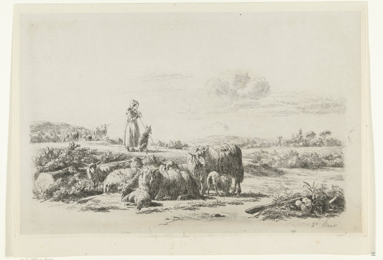Landskab med en hyrdinde og hund med en flok får af Simon van den Berg