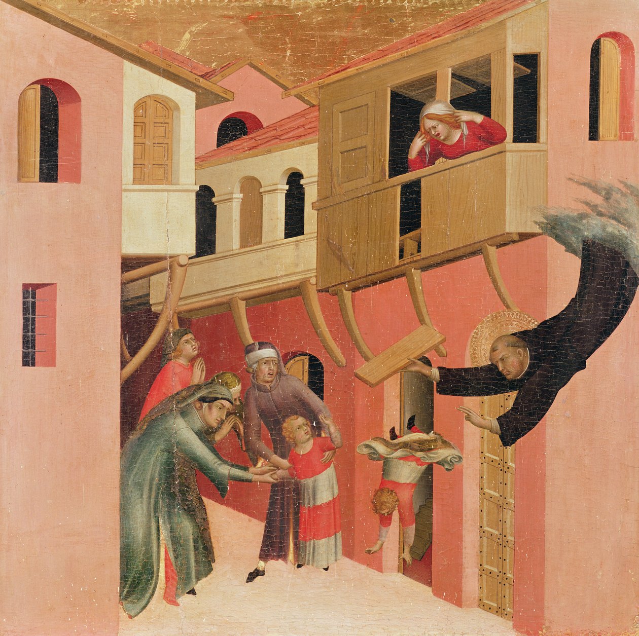 Polyptykon af den salige Agostino Novello og fire historier om hans liv, detalje af venstre side af Agostino Novello, der redder en baby, da den falder ned fra en balkon, ca. 1328 (tempera på panel) af Simone Martini