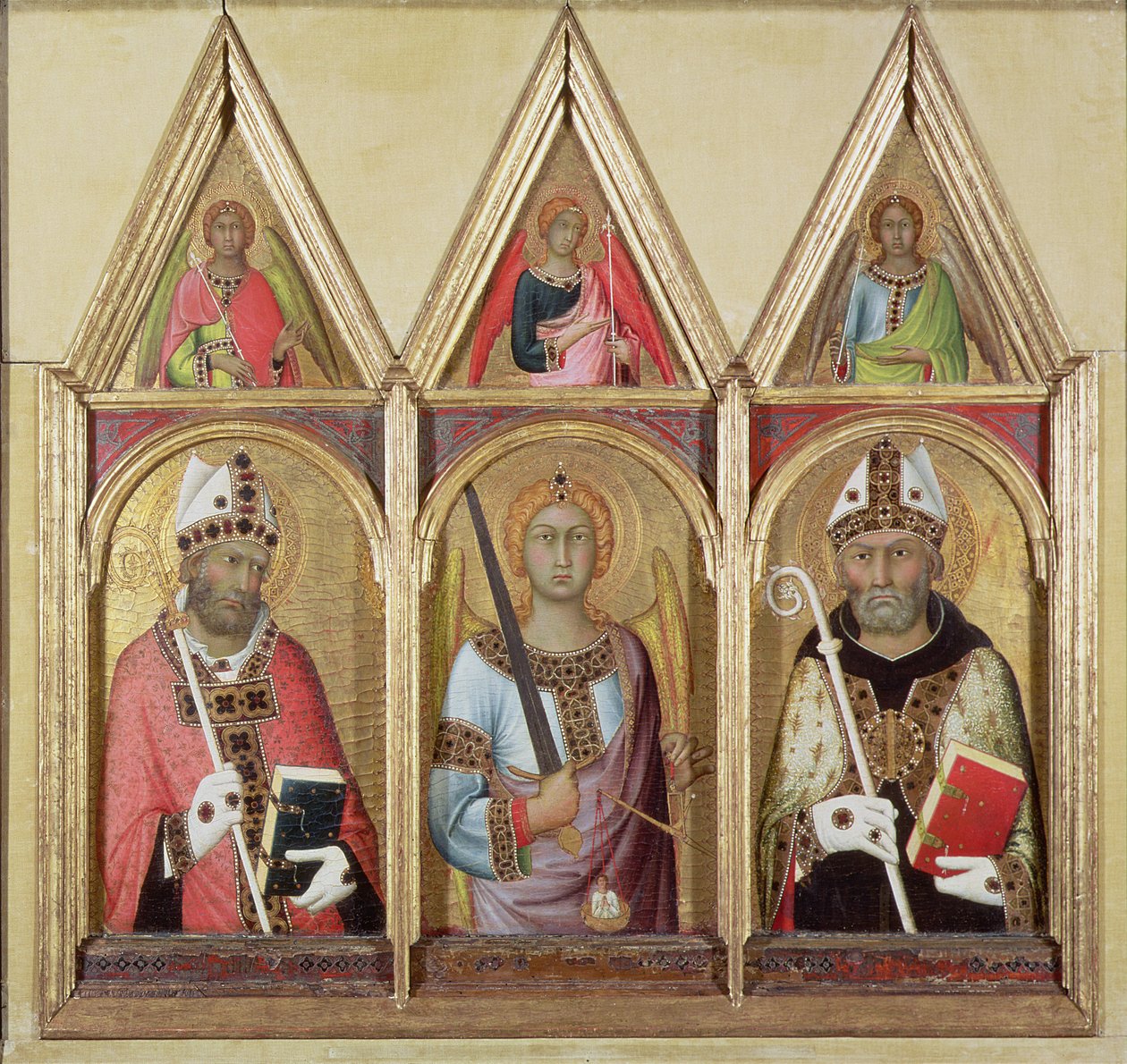 St. Geminianus, St. Michael and St. Augustine, ca. 1319 (tempera med guld på panel) (detaljer 58834 og 58836) af Simone Martini
