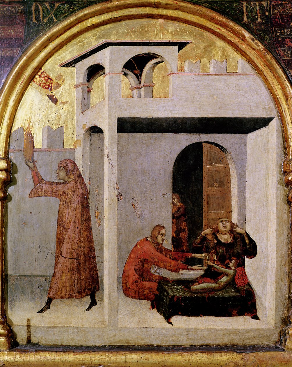 St. Louis af Toulouse (1274-97) dukker op ved sengekanten af et sygt barn, predella panel fra alteret i St. Louis af Toulouse, 1317 (tempera på panel) af Simone Martini