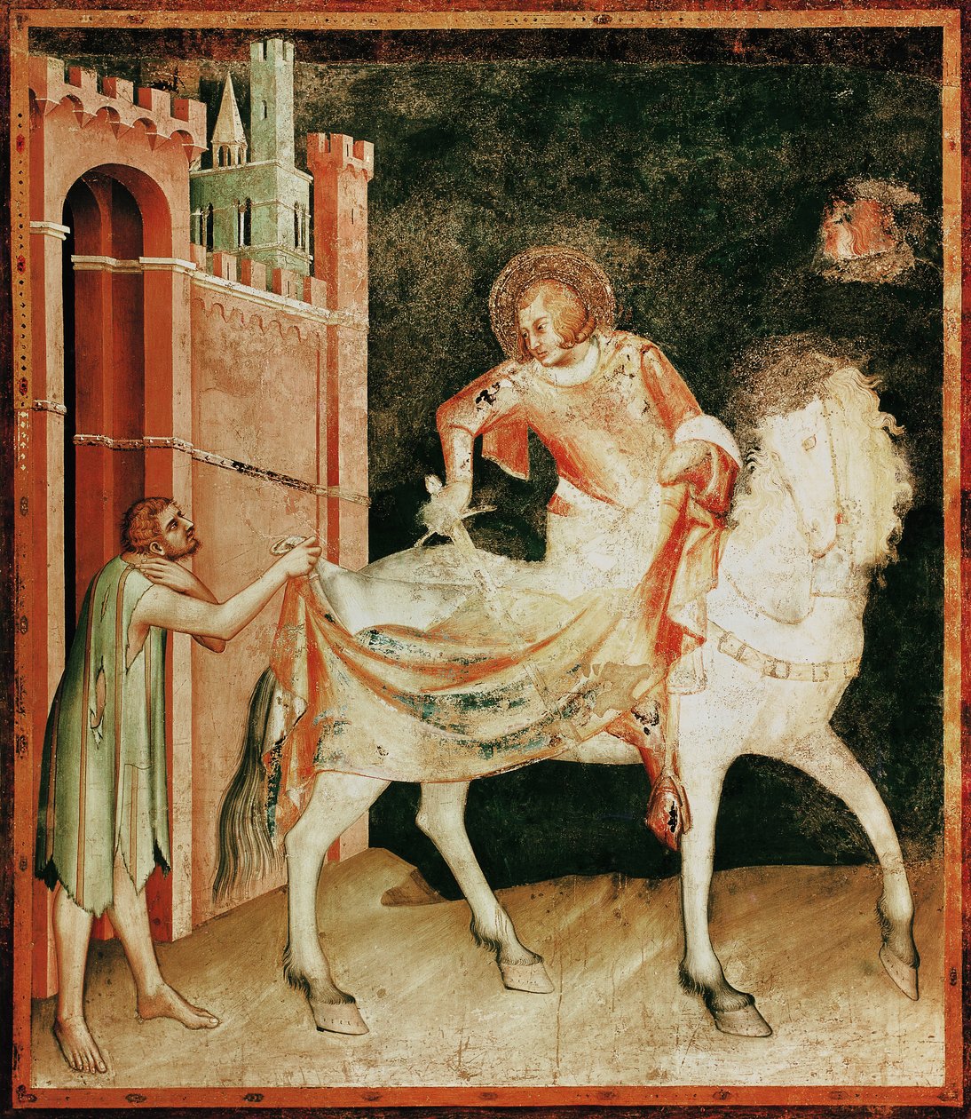 St. Martin deler sin kappe med tiggeren, fra St. Martins liv, 1326 af Simone Martini