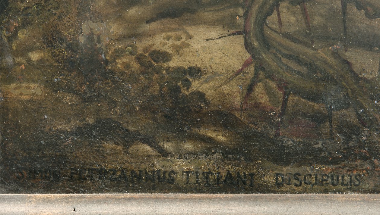 Kunstnerens signatur, detalje af The Lamentation of Christ (detalje af 3704260) af Simone Veneziano Peterzano