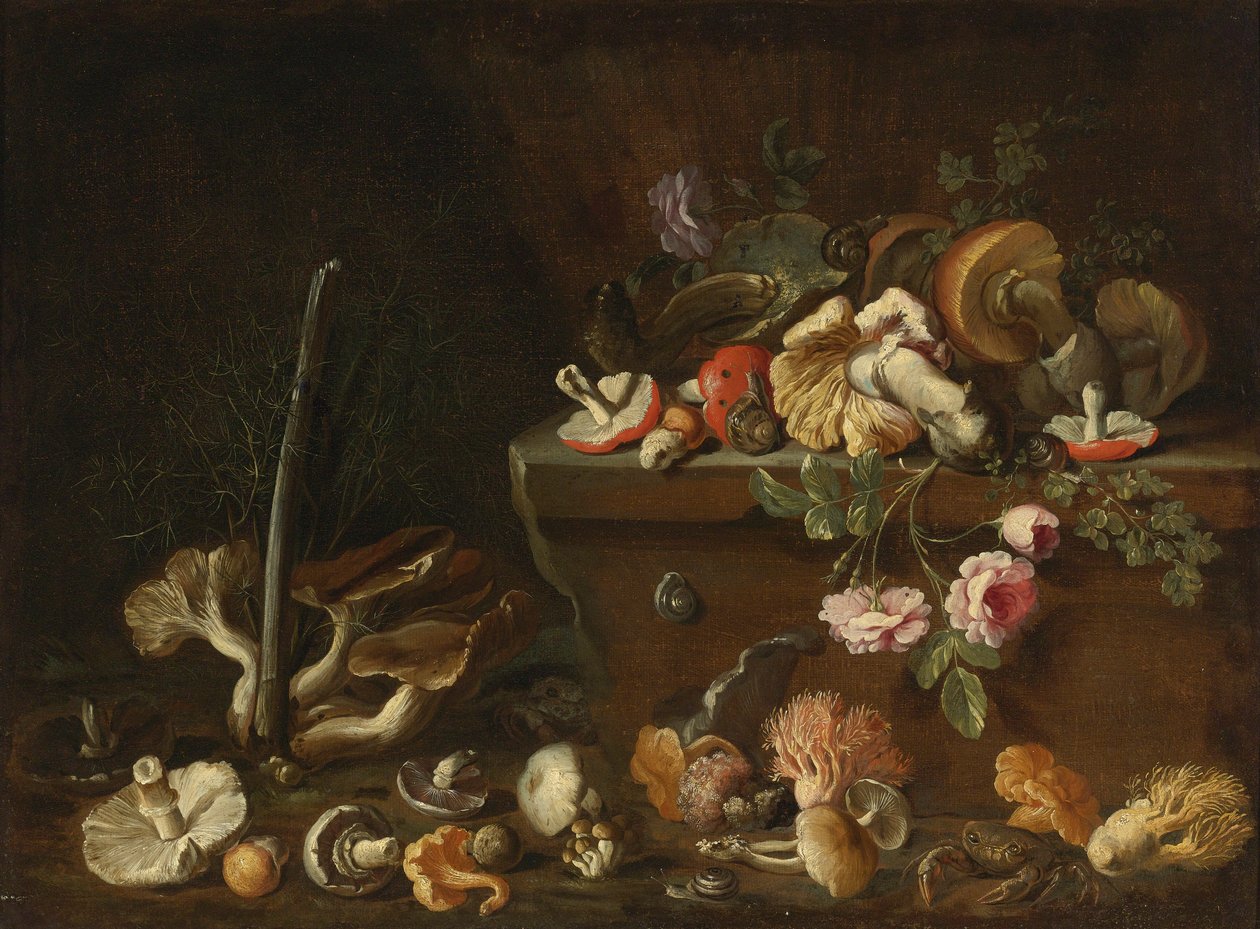 Stilleben med svampe og blomster af Simone del Tintore