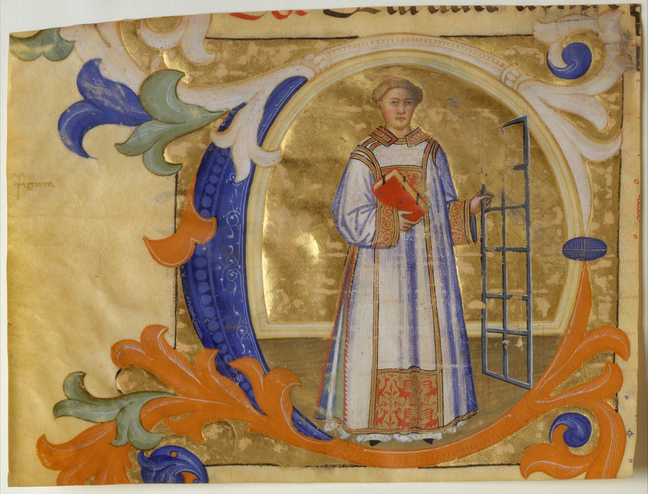 Manuskriptbelysning med Saint Lawrence i et indledende C, fra en gradvis, italiensk, ca. 1380-90. af Simone Camaldolese