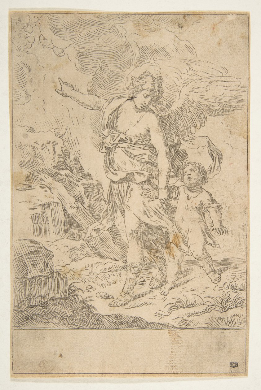 A guardian angel walking with a child, ca. 1640. dani af Simone Cantarini