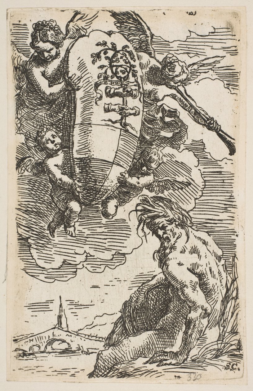 Allegori over Foglia-floden med byen Pesaros våbenskjold, frontispice for ..., ca. 1639. af Simone Cantarini