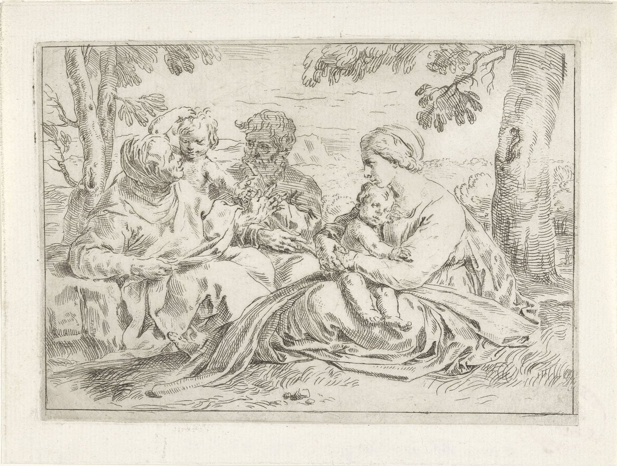 Hellig Familie med Elizabeth og den unge Johannes Døberen af Simone Cantarini
