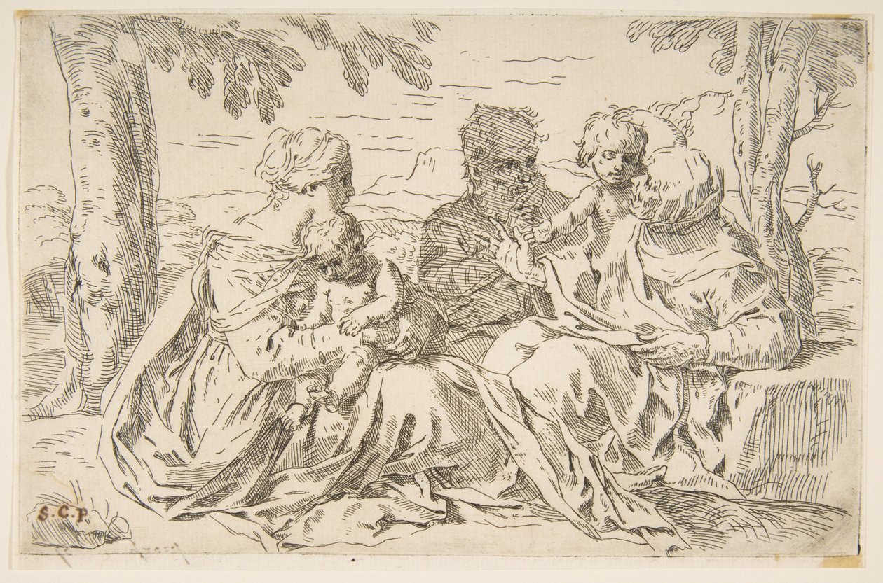 Hellig familie med Saint Elizabeth og Saint John the Baptist, ca. 1639. af Simone Cantarini