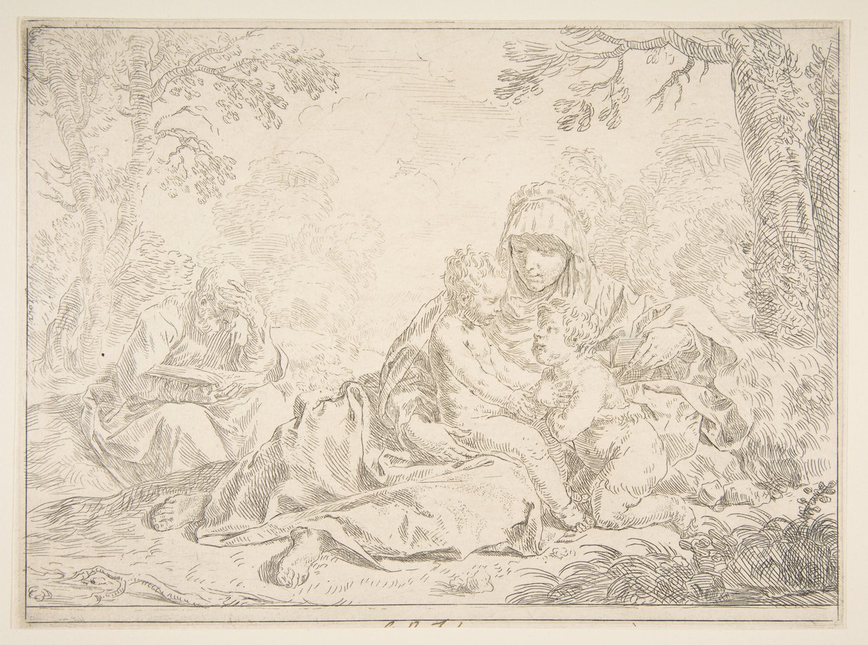 Hellig familie med Johannes Døberen, ca. 1637-1640. af Simone Cantarini