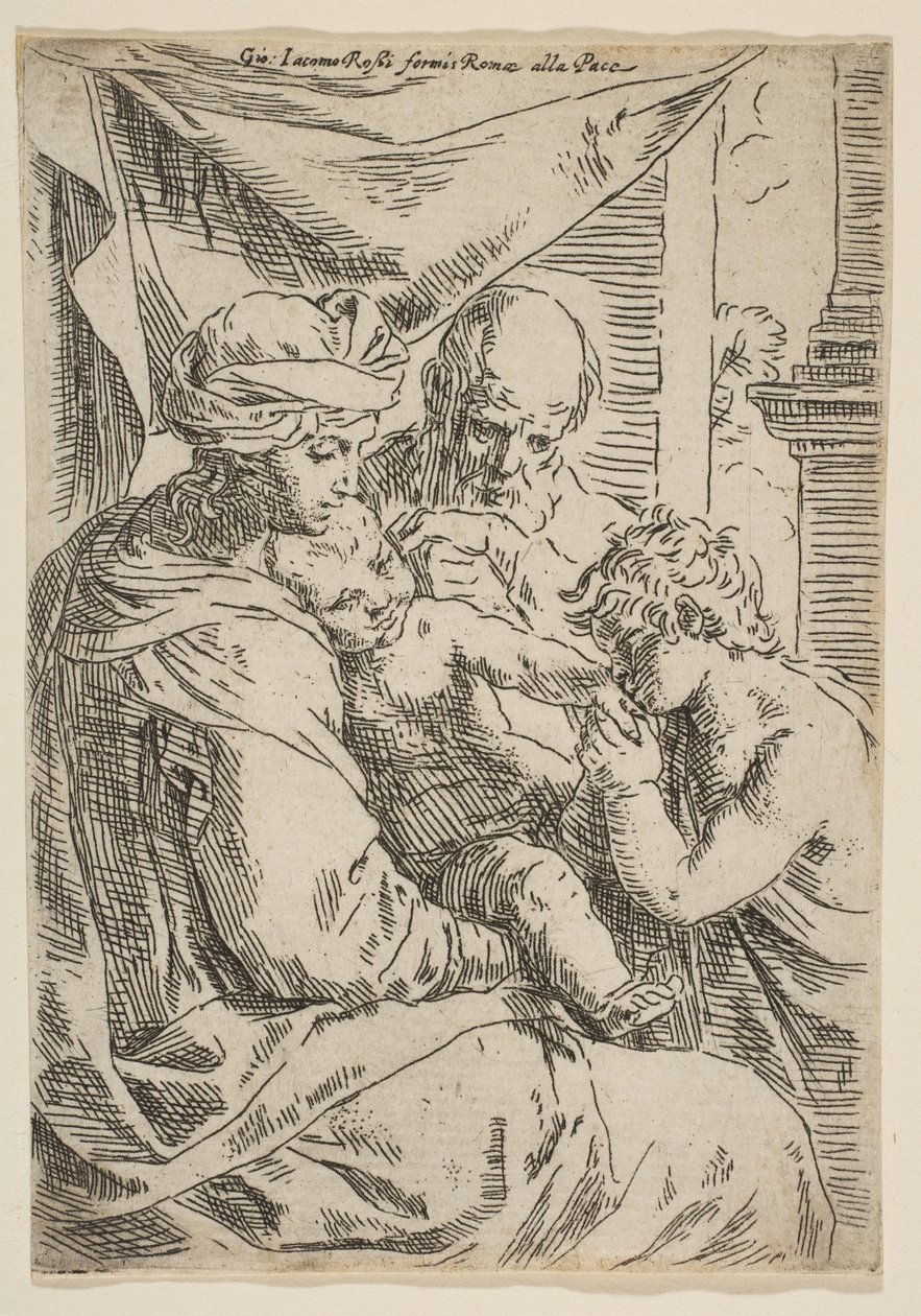 Hellig familie med Johannes Døberen, der kysser spædbarnet Kristi hånd, ca.1642. af Simone Cantarini