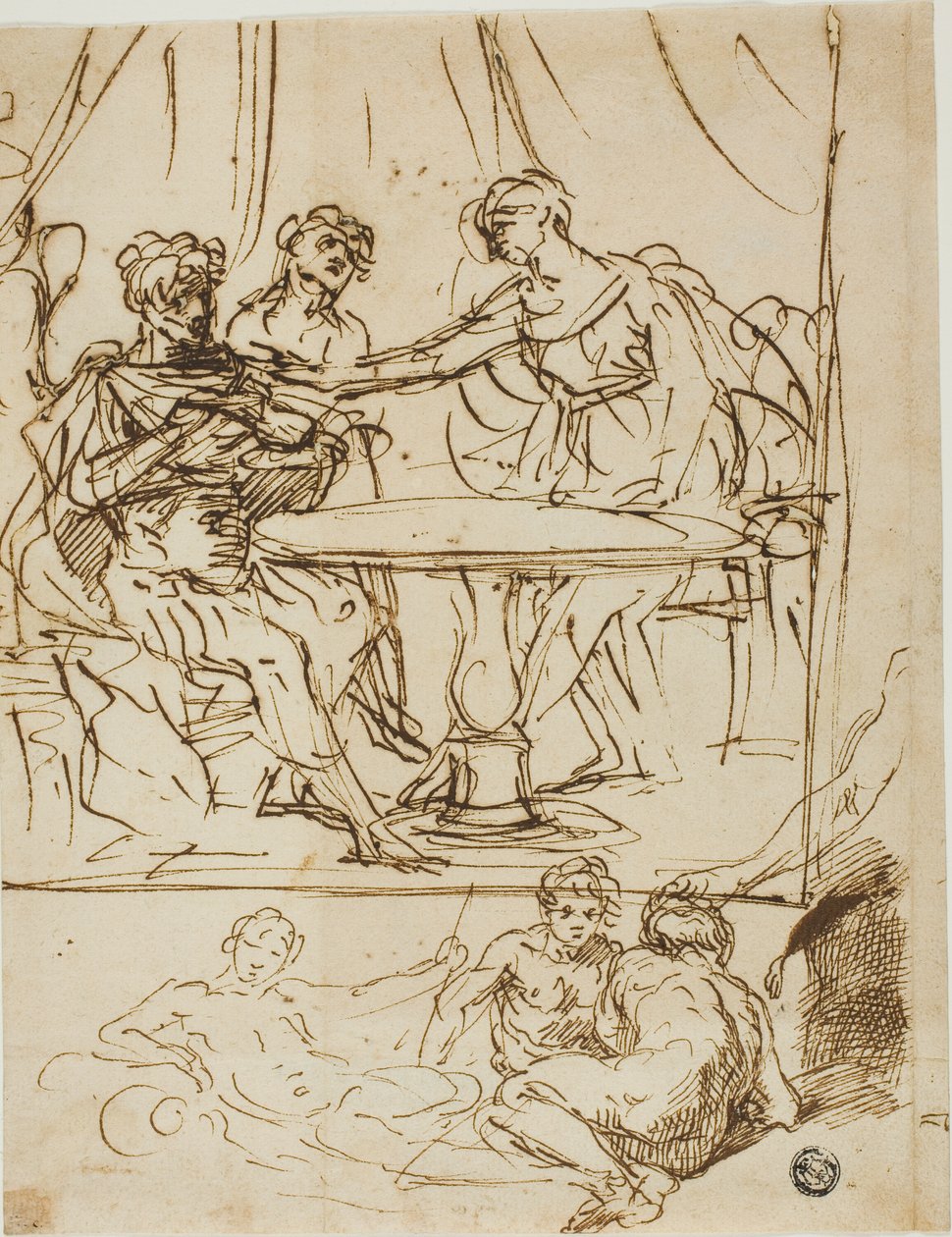Judith med hovedet af Holofernes og skitser af flodguder (recto); Kvindehoved, der kigger opad (verso) af Simone Cantarini