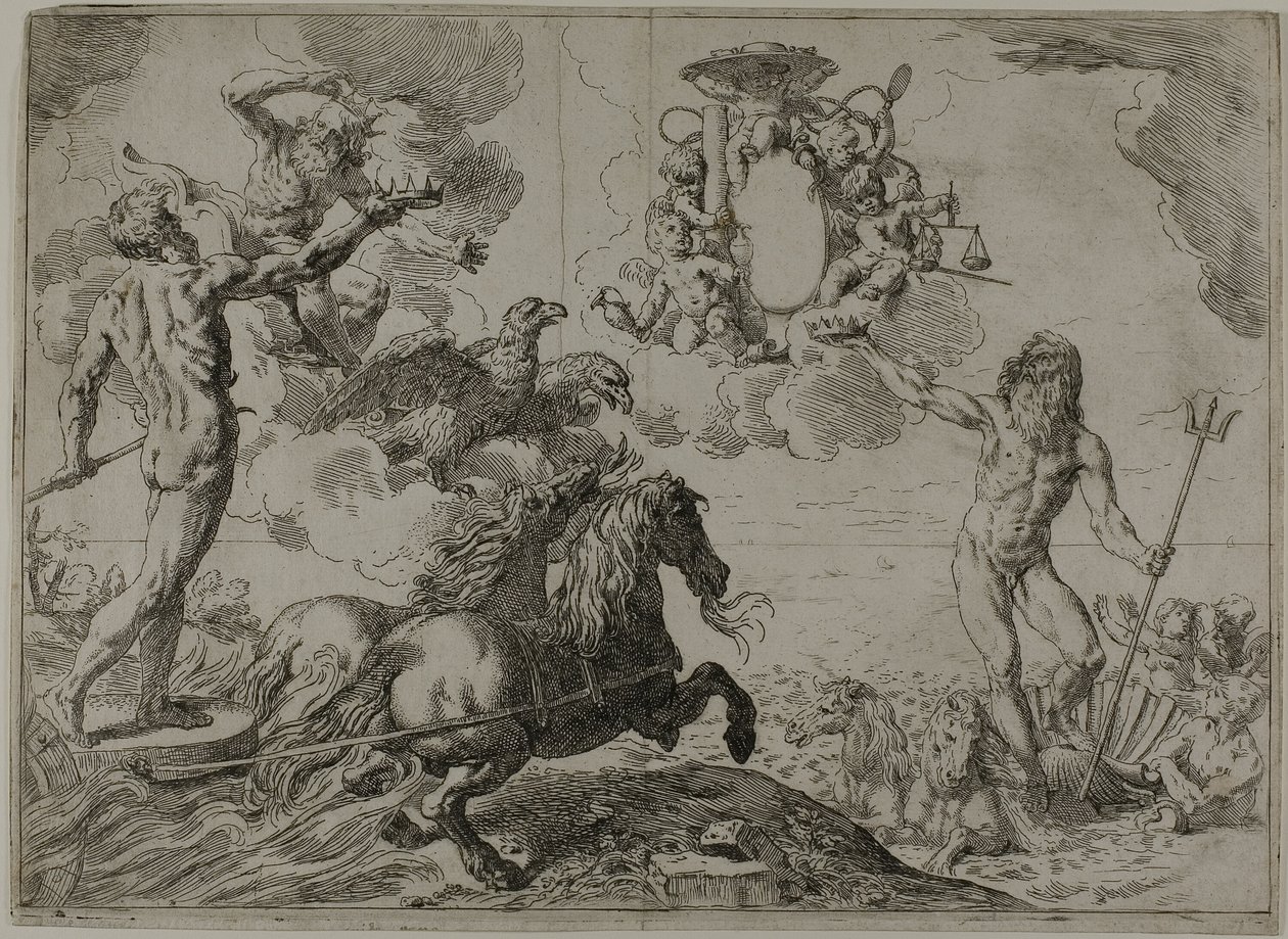 Jupiter, Neptune og Pluto tilbyder deres kroner til armene fra kardinal Borghese af Simone Cantarini