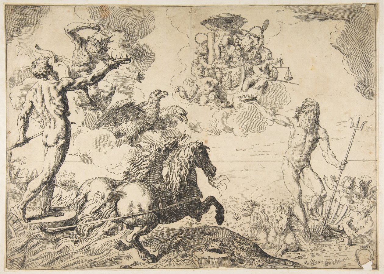 Jupiter, Neptun og Pluto ofrer deres kroner til kardinal Borgheses arme, 1642-43. af Simone Cantarini