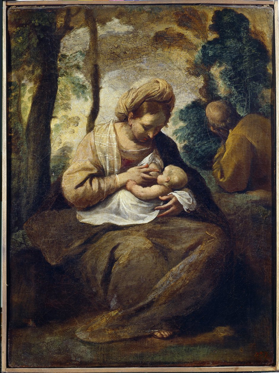 Hvil på flugten til Egypten. maleri af Simone Cantarini (1612-1648), olie på lærred. Italiensk kunst (Bologna) af Simone Cantarini