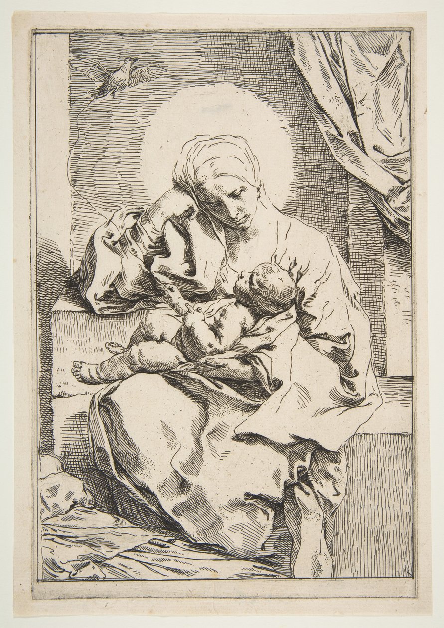 Madonna og barn med en fugl, ca. 1635-1636. af Simone Cantarini