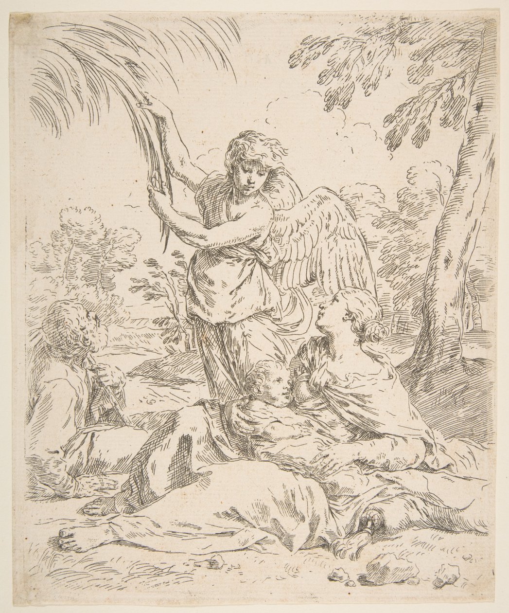 Hvil i Egypten, Maria ammer spædbarnet Kristus, mens en engel trækker i grene, ca. 1639. af Simone Cantarini
