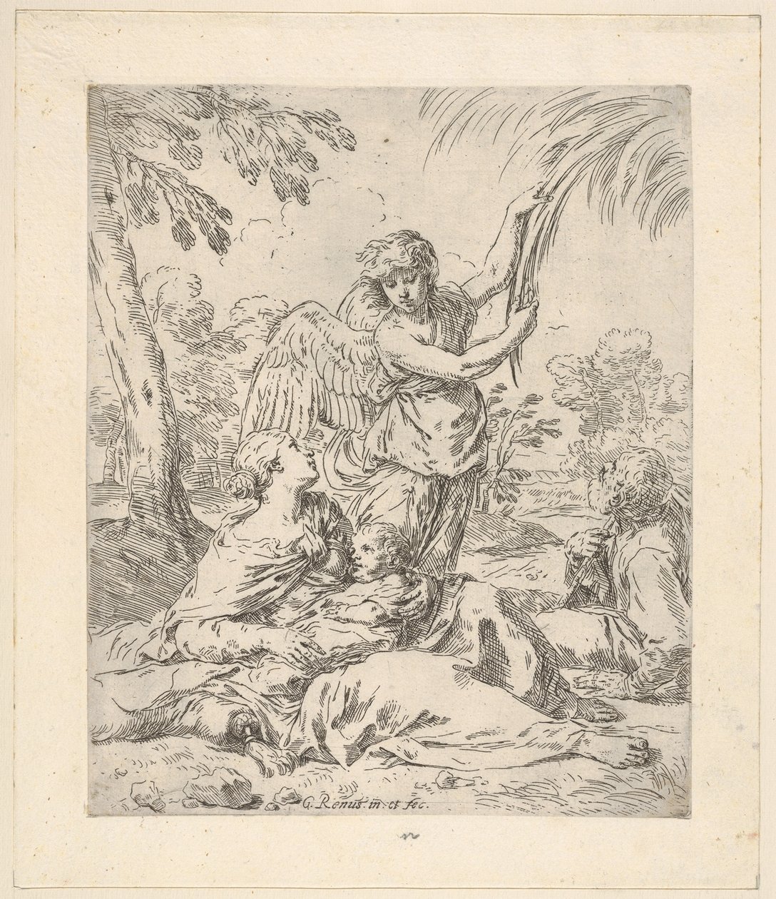 Hvil i Egypten, Maria ammer spædbarnet Kristus, mens en engel trækker i en gren..., ca.1630-1648. af Simone Cantarini