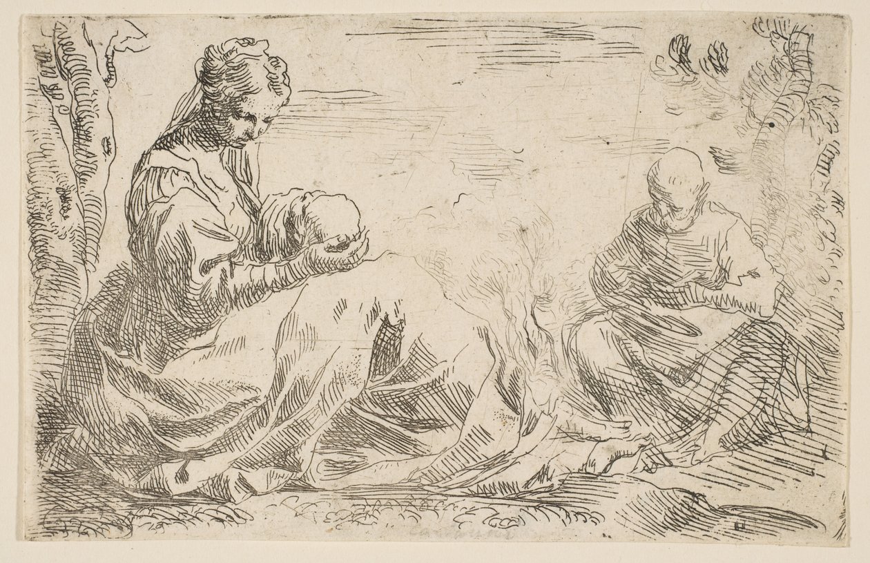 Hvil på flugten til Egypten, Maria holder og ser på spædbarnet Kristus, mens St...., ca. 1637. af Simone Cantarini