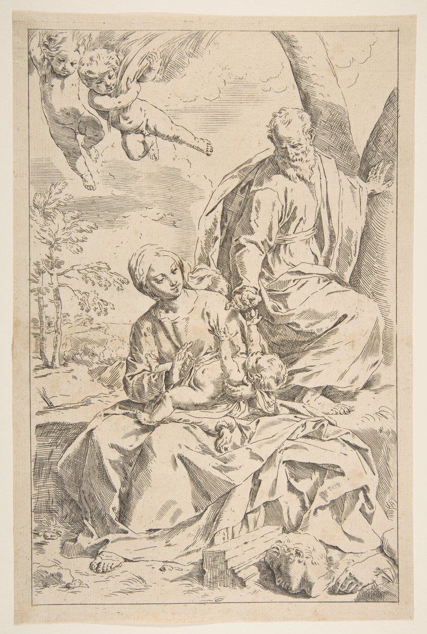 Hvil på flugten ind i Egypten, hvor Maria holder spædbarnet Kristus, mens St. Joseph rækker h..., ca. 1639. af Simone Cantarini
