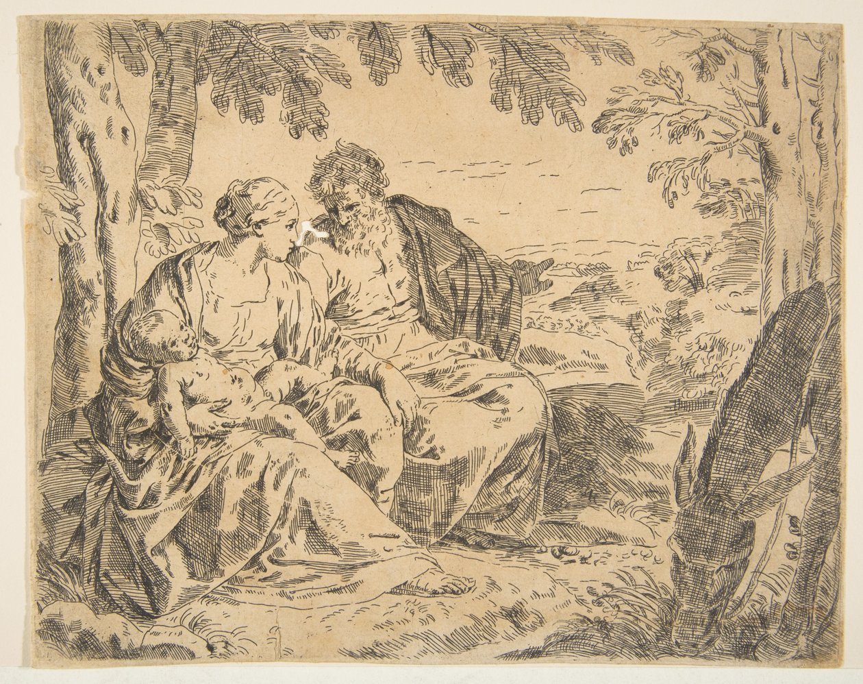 Hvil på flugten til Egypten, hvor Maria holder spædbarnet Kristus, mens St. ..., ca. 1637-1639 eller senere. af Simone Cantarini
