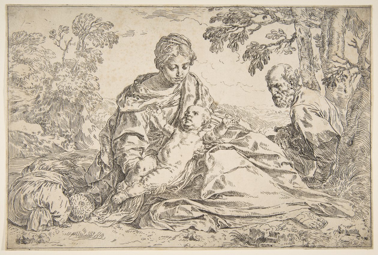 Hvil på flugten til Egypten, Maria holder spædbarnet Kristus med St. Joseph til højre, ca. 1640. af Simone Cantarini