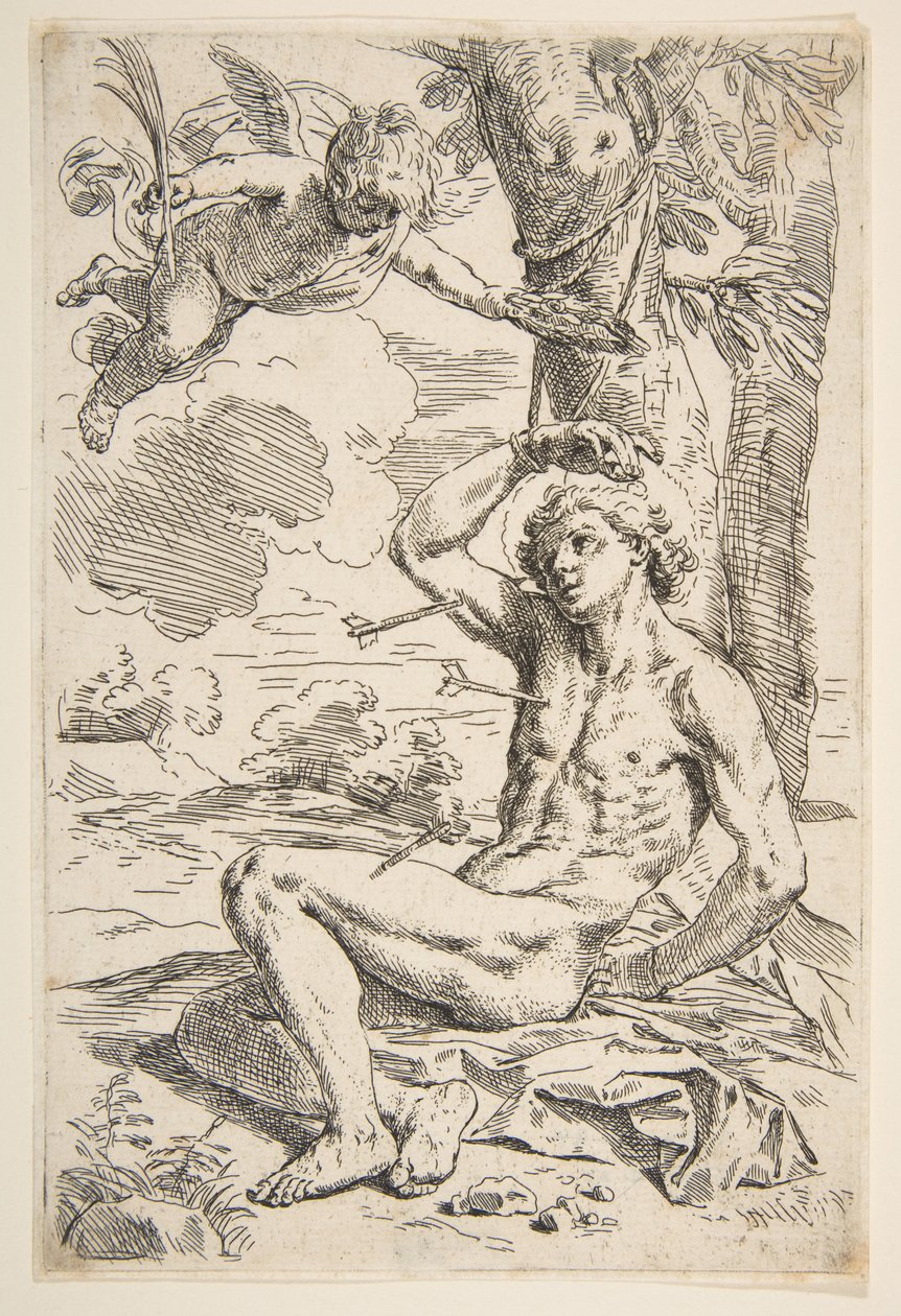 Sankt Sebastian gennemboret med pile og bundet til et træ, ca. 1639. af Simone Cantarini