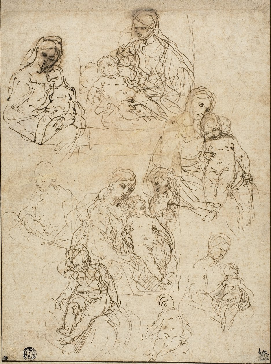 Skitser af jomfruen og barnet og den hellige familie, 1642-48 af Simone Cantarini