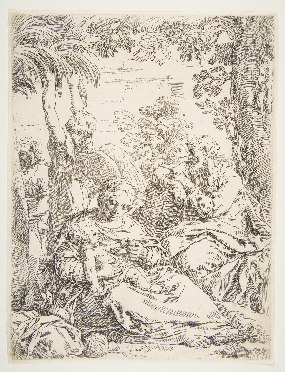 Den hellige familie hviler på deres flugt ind i Egypten, ca. 1637-1639. af Simone Cantarini