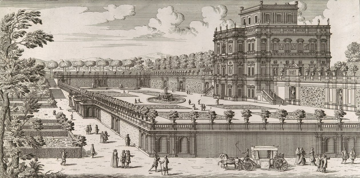 Udsigt over facaden af ​​Palazzo Pamphili og dens have Secondo Prospetto Pe..., efter af Simone Felice
