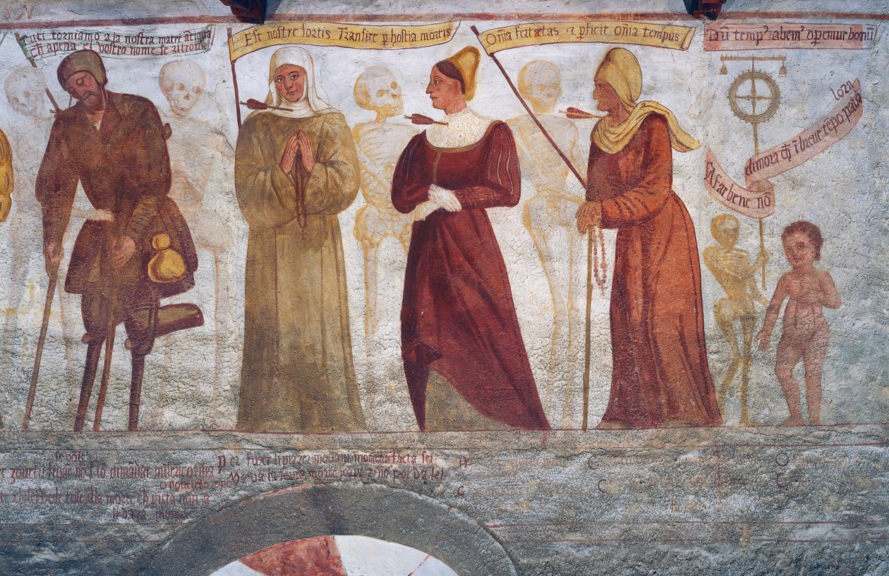 Døden med den lamme mand, nonnen, den unge kvinde, den gamle kvinde og barnet, detalje fra Dødedansen af Simone II Baschenis