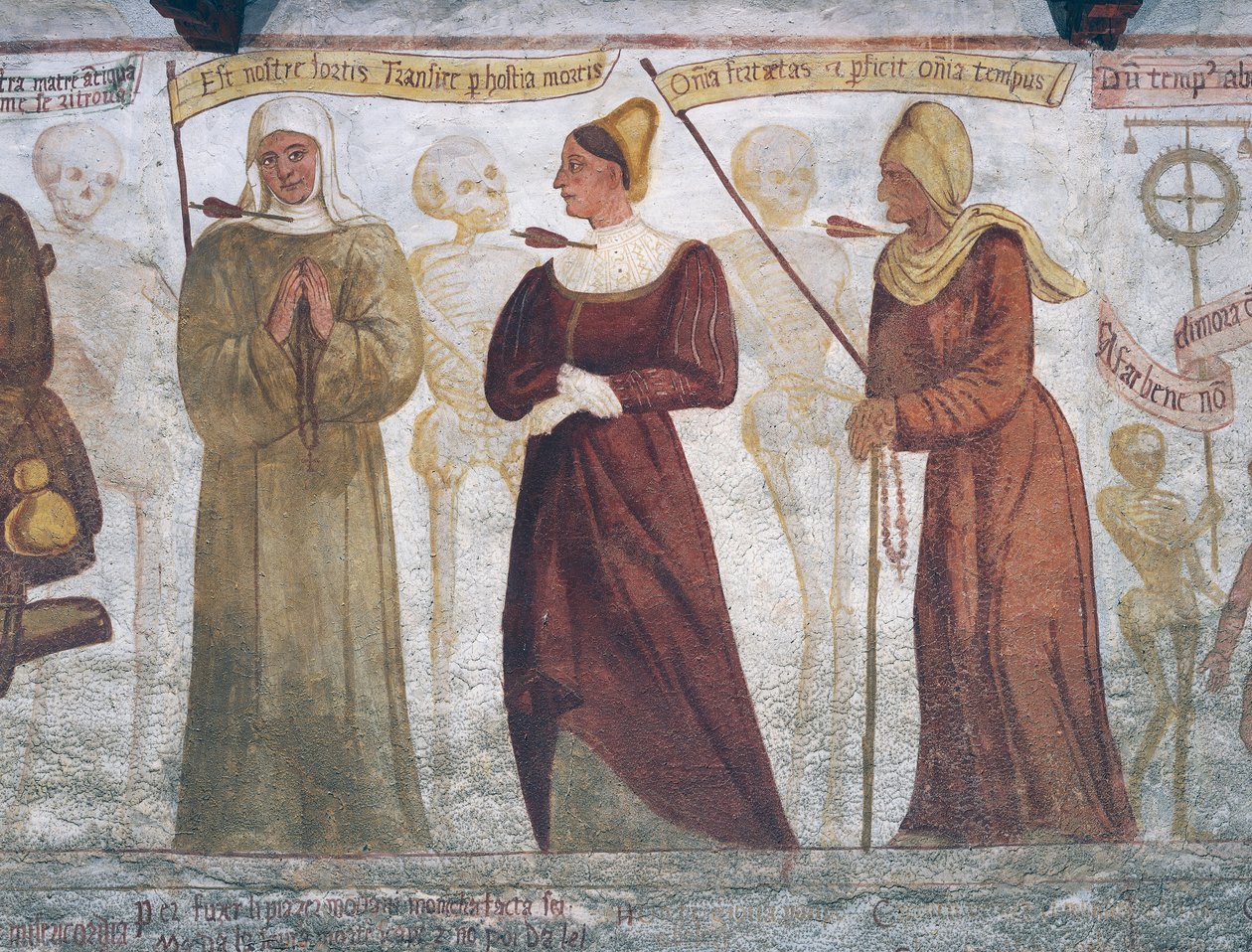 Døden med nonnen, den unge kvinde og den gamle kvinde, detalje fra Dødedansen af Simone II Baschenis