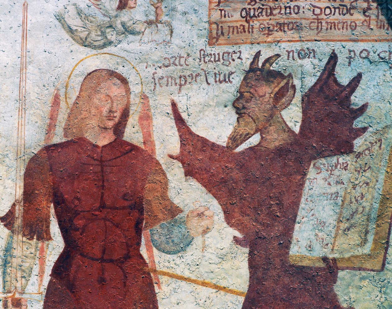 Ærkeenglen Michael og djævelen med bogen om de syv dødssynder, detaljer fra Dødedansen af Simone II Baschenis