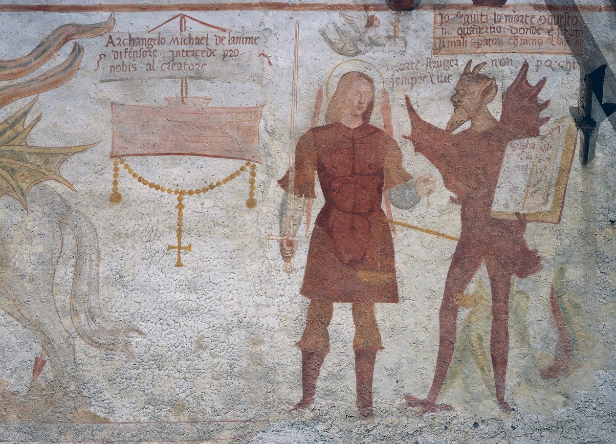 Ærkeenglen Michael og djævelen med bogen om de syv dødssynder, detaljer fra Dødedansen af Simone II Baschenis