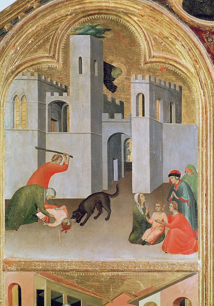 Agostino Novella Redder et barn, der er blevet bidt af en hund, detalje fra den velsignede Agostino Novello altertavle, ca. 1328 (tempera på panel) af Simone Martini