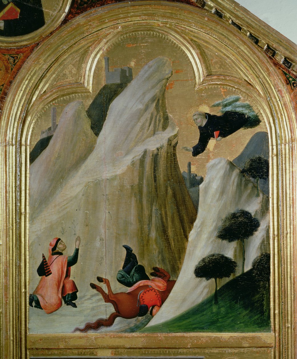 Agostino redder en mand, der faldt fra sin hest, fra den salige Agostino Novellos alter, ca. 1328 af Simone Martini