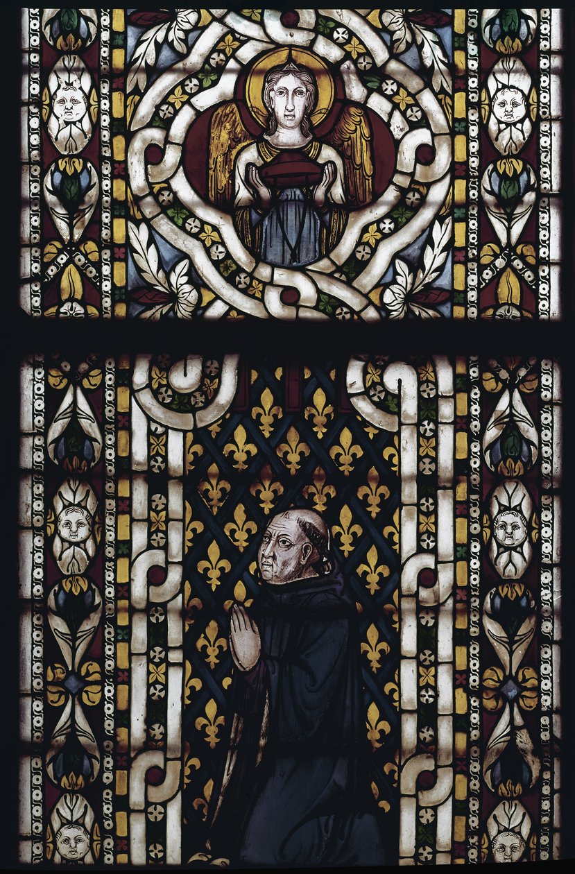 Kardinal Gentil af Montefiore (Gentile Partino da Montefiore, Gentilis af Monteflorum, ca. 1240-1312) knæler - Glasmaleri af Simone Martini (ca. 1284-1344), cm. 570 x 400. Basilica of St. Francis of Assisi, Lower Church, Chapel of St. Louis, Assisi af Simone Martini