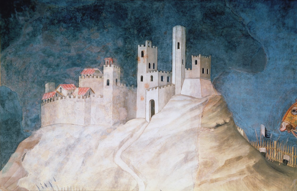 Mindehøjtidelighed for Guidoriccio da Fogliano ved belejringen af Montemassi, detalje af fæstningen Montemassi, fra Sala del Mappamondo, 1328 af Simone Martini