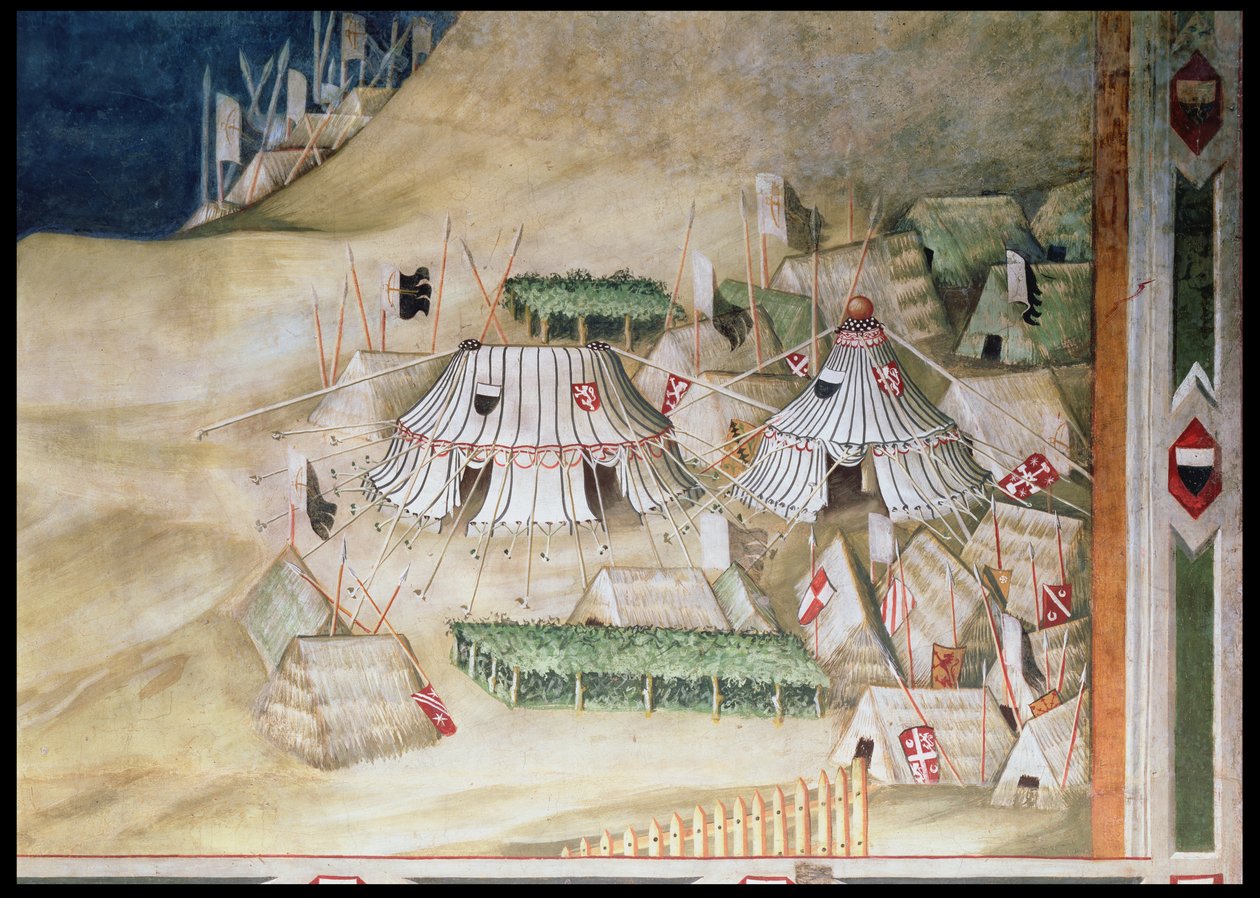 Mindehøjtidelighed for Guidoriccio da Fogliano ved belejringen af Montemassi, detalje af militærlejren, fra Sala del Mappamondo, 1328 af Simone Martini