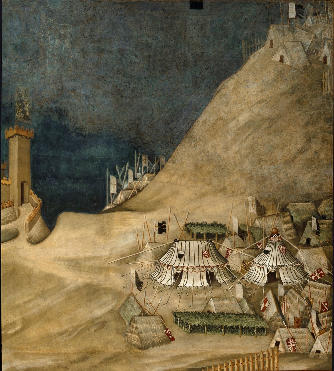 Detalje af militærlejren bag Guido Riccio da Fogliano, under erobringen af slottet Montemassi, i 1328 (fresko af Simone Martini