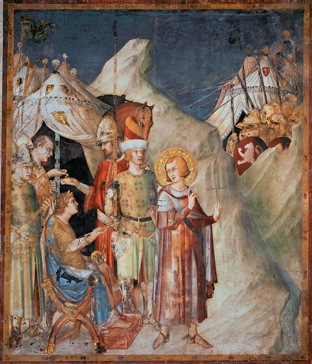 Episoder af Sankt Martins liv: "" Sankt Martin af Tours giver afkald på våben"" Fresco af Simone Martini (1285-1344). 1312-1317 - Dim 265x230 cm Nedre basilika af Sankt Frans af Assisi; Kapel Saint Martin, Assisi af Simone Martini